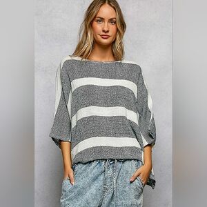 080 POL Oversized Striped Tunic Top in Navy and White